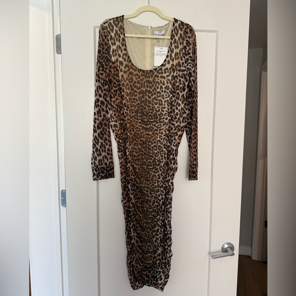 Ganni Leopard Print Long Sleeve Dress - Picture 2 of 7